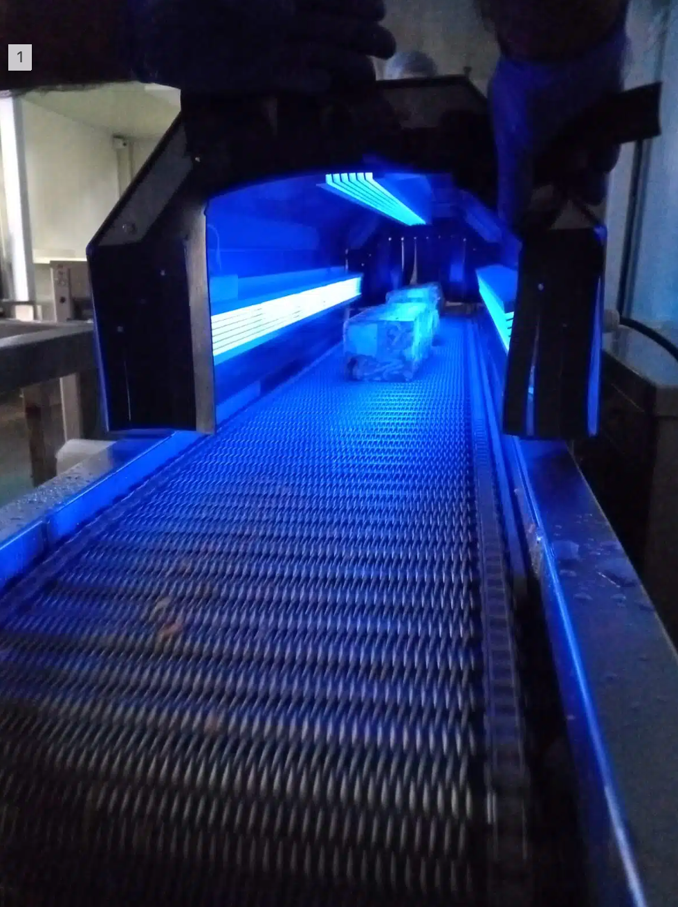Túnel de sanitización UV-C sobre banda transportadora de una fábrica de carnes frías