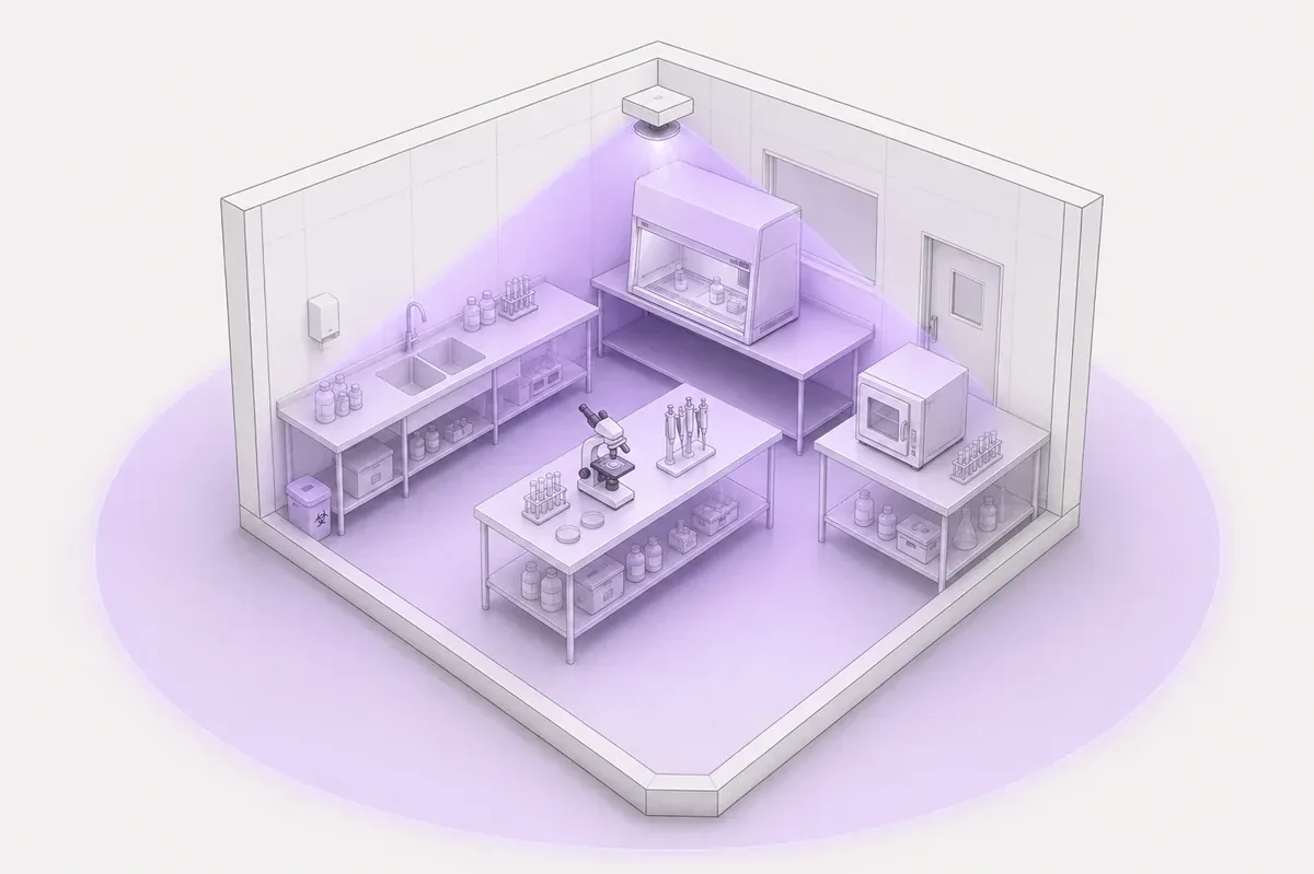 Ilustración isométrica de un laboratorio con lámpara UV-C germicida instalada en el techo, cabina de bioseguridad, mesones, microscopio y zona de siembra