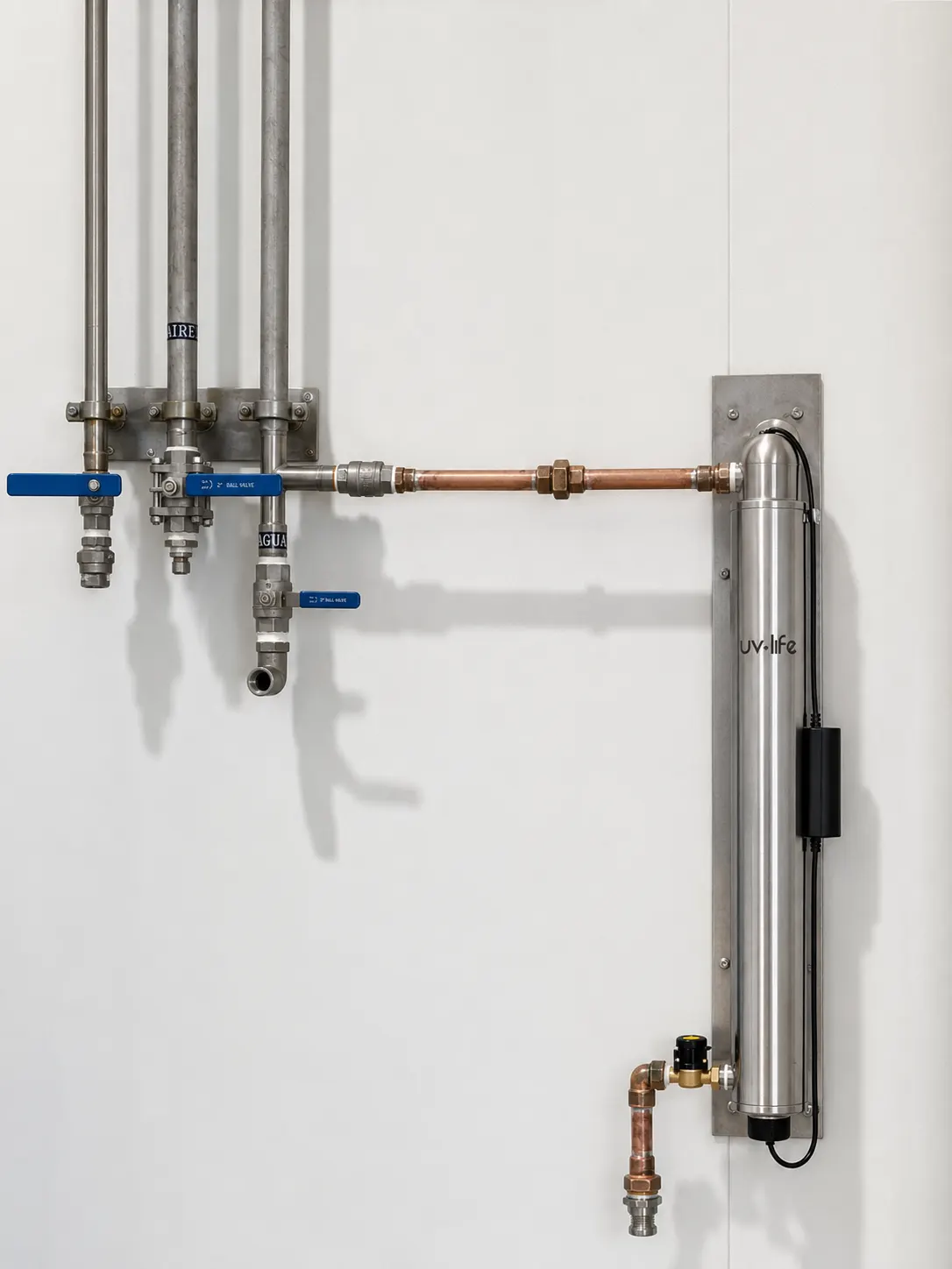 Reactor UV-C de UV-Life instalado verticalmente sobre la línea de agua en la planta de Quillayes