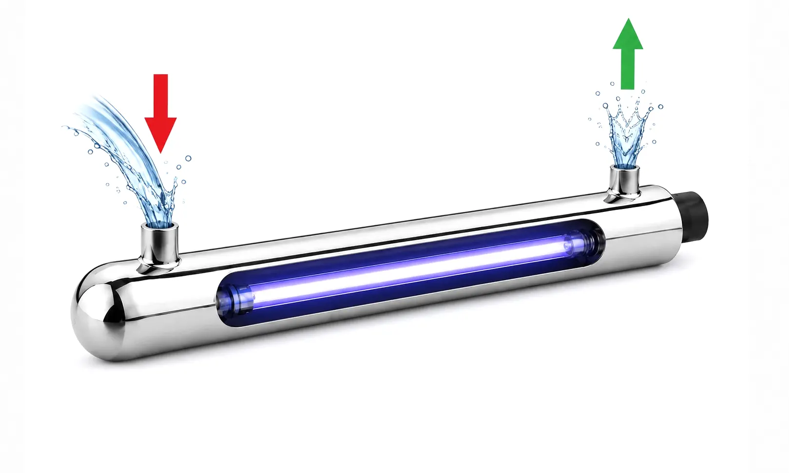 Reactor UV-C UV-Life para desinfección de agua, con lámpara germicida encendida y conexiones de entrada y salida
