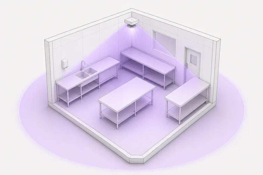 Vista 3D de un equipo UV-C de techo desinfectando el aire y las superficies de una sala